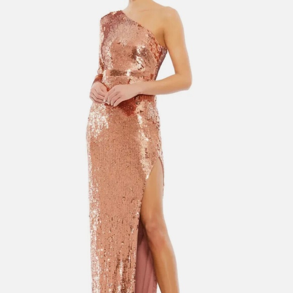 MAC DUGGAL 10788 COPPER SEQUIN ONE SHOULDER LONG SLEEVE COLUMN GOWN sz 12 - Picture 1 of 5